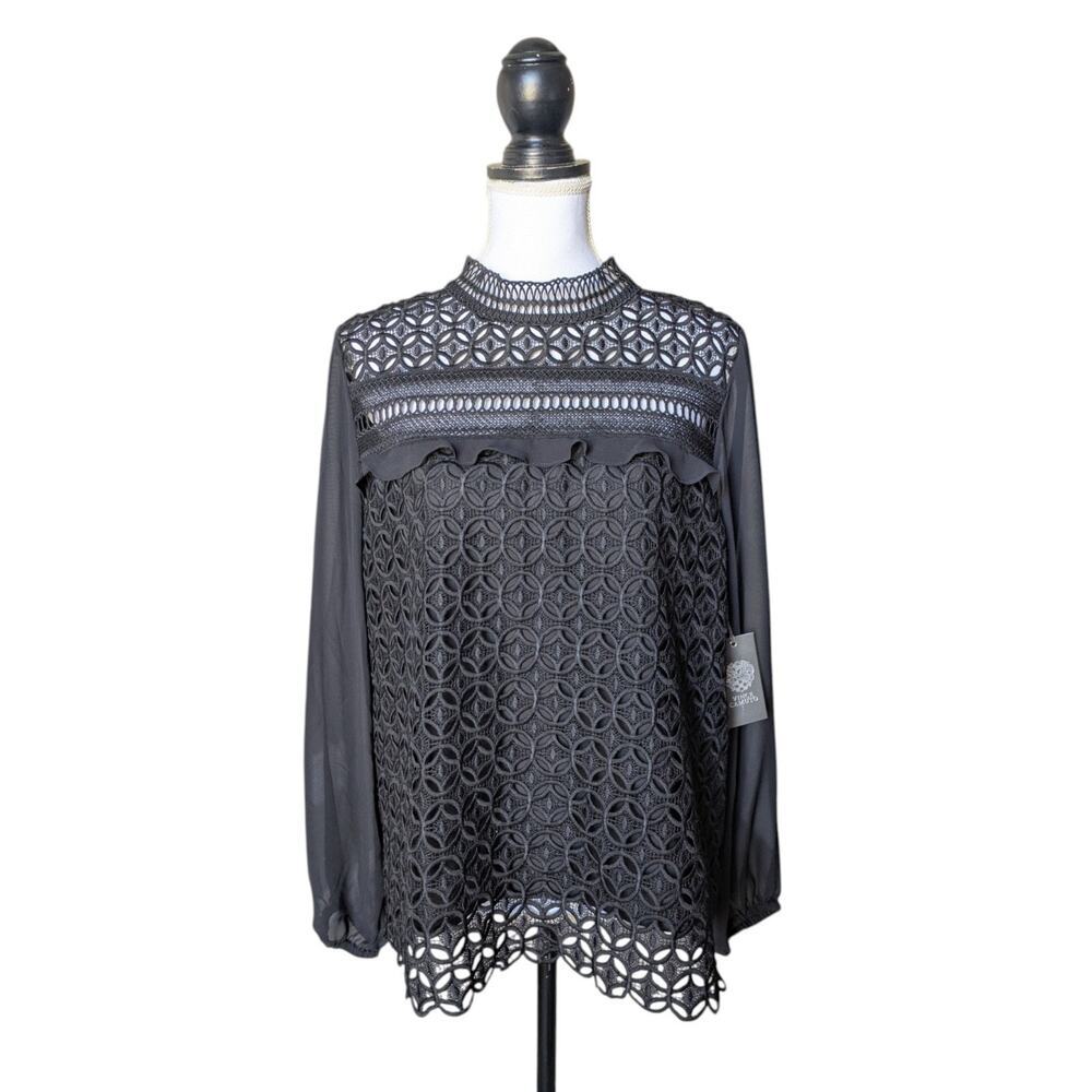 Vince Camuto Black Eyelet Crochet Semi Sheer Long Sleeve Top New Size Medium